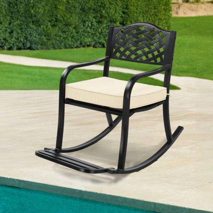 Metal Rocking Chair, Outdoor Rocking with Cushion, Patio Rocker with Footrest, Weatherproof Rocking Chair Outside, Patio, Garden, Hole Backrest