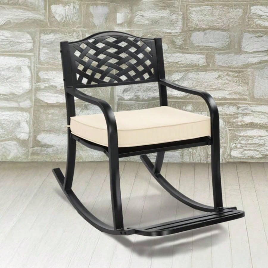 Metal Rocking Chair, Outdoor Rocking with Cushion, Patio Rocker with Footrest, Weatherproof Rocking Chair Outside, Patio, Garden, Hole Backrest