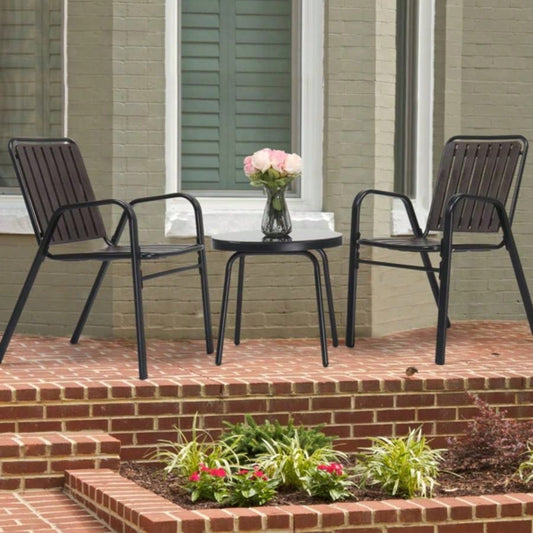 3 - Piece Patio Bistro Table Set, Outdoor Furniture Set with 2 Stackable Patio Dining Chairs and Glass Table Yard Balcony Porch, Black and Coffee