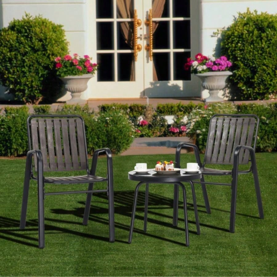 3 - Piece Patio Bistro Table Set, Outdoor Furniture Set with 2 Stackable Patio Dining Chairs and Glass Table Yard Balcony Porch, Black and Coffee