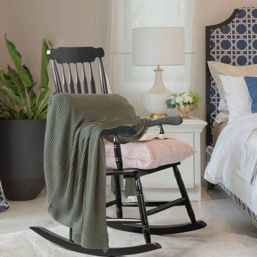 Patio Rocking Chair Solid Wood, Outdoor Porch Rocker Chair with Wooden Frame, Indoor Wooden Rocking Chair Garden Backyard Balcony, Black