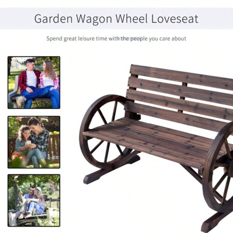 2 - Person with Backrest Wooden Wagon Wheel, Rustic Outdoor Patio Furniture - AS Prohibited by