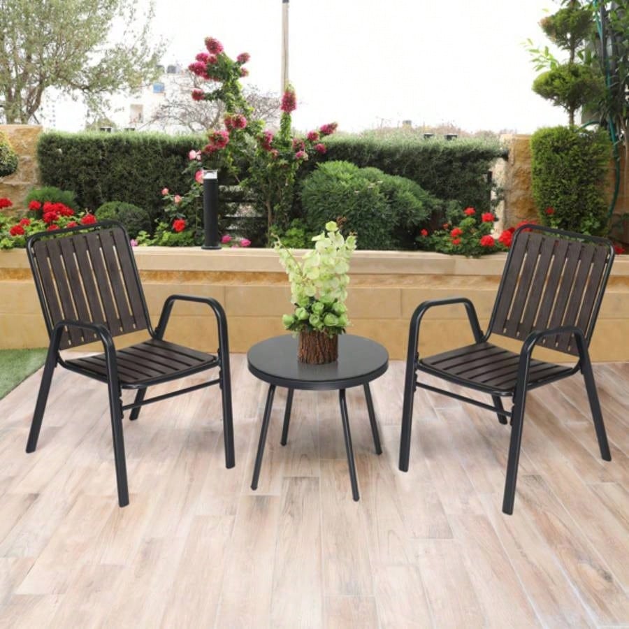 3 - Piece Patio Bistro Table Set, Outdoor Furniture Set with 2 Stackable Patio Dining Chairs and Glass Table Yard Balcony Porch, Black and Coffee
