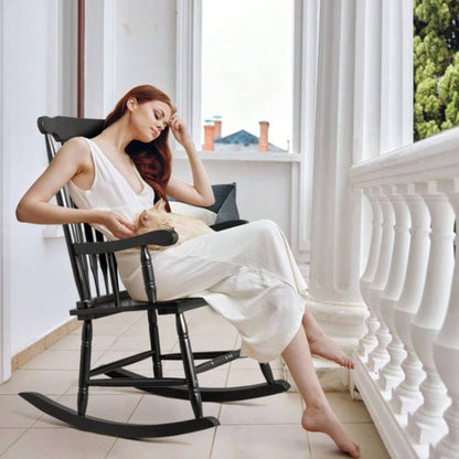 Patio Rocking Chair Solid Wood, Outdoor Porch Rocker Chair with Wooden Frame, Indoor Wooden Rocking Chair Garden Backyard Balcony, Black