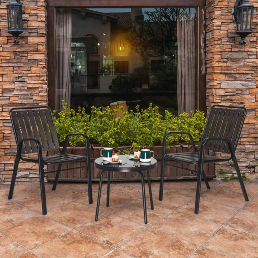 3 - Piece Patio Bistro Table Set, Outdoor Furniture Set with 2 Stackable Patio Dining Chairs and Glass Table Yard Balcony Porch, Black and Coffee