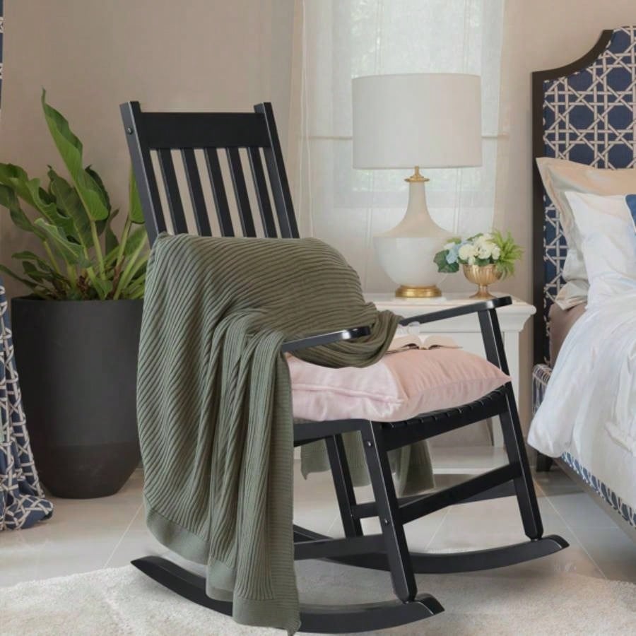 Outdoor Wood Rocking Chair, Wooden Patio Rocking Chair with Comfortable Backrest, Weatherproof Patio Rocker Patio Garden Yard Balcony Poolside, Black