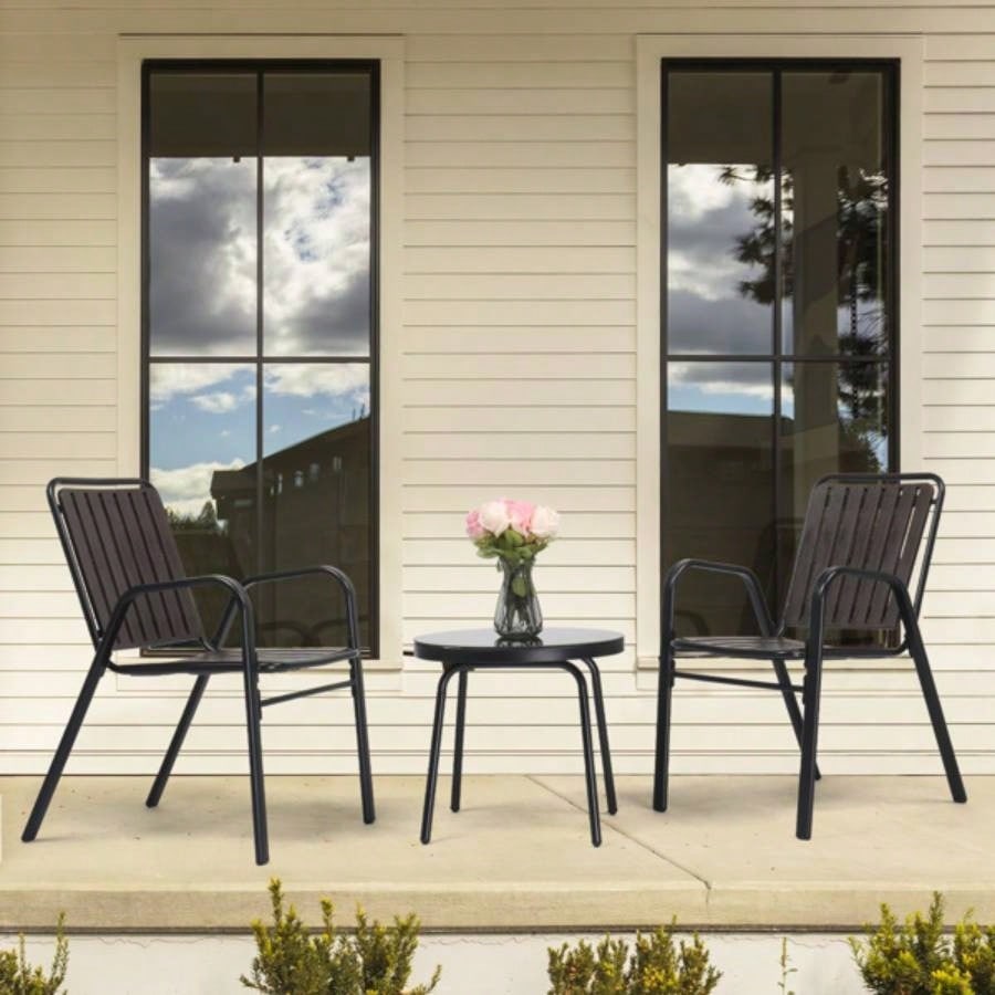 3 - Piece Patio Bistro Table Set, Outdoor Furniture Set with 2 Stackable Patio Dining Chairs and Glass Table Yard Balcony Porch, Black and Coffee