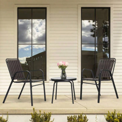 3 - Piece Patio Bistro Table Set, Outdoor Furniture Set with 2 Stackable Patio Dining Chairs and Glass Table Yard Balcony Porch, Black and Coffee