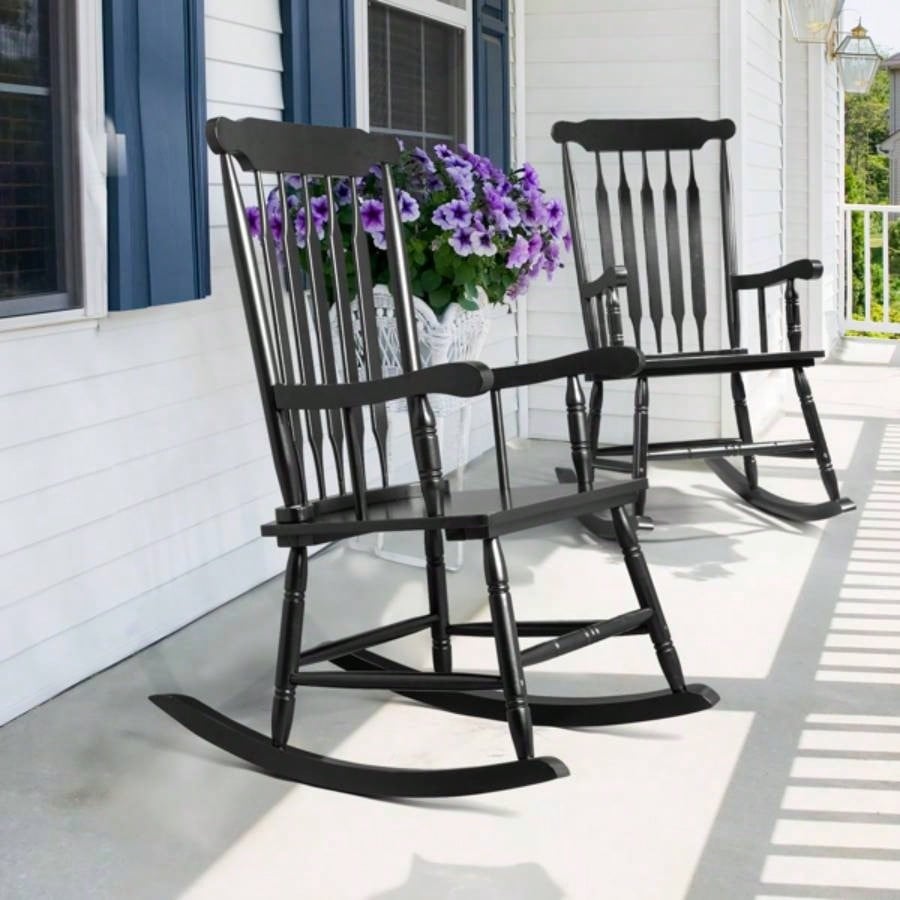 Patio Rocking Chair Solid Wood, Outdoor Porch Rocker Chair with Wooden Frame, Indoor Wooden Rocking Chair Garden Backyard Balcony, Black