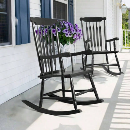 Patio Rocking Chair Solid Wood, Outdoor Porch Rocker Chair with Wooden Frame, Indoor Wooden Rocking Chair Garden Backyard Balcony, Black