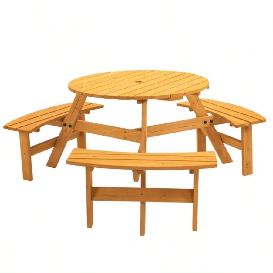 6 - Person Outdoor Circular Wooden Picnic Table with 3 Built - in Benches Patio Backyard GardenNatural