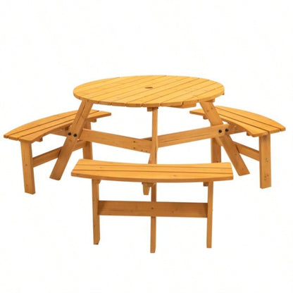 6 - Person Outdoor Circular Wooden Picnic Table with 3 Built - in Benches Patio Backyard GardenNatural