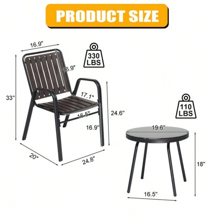3 - Piece Patio Bistro Table Set, Outdoor Furniture Set with 2 Stackable Patio Dining Chairs and Glass Table Yard Balcony Porch, Black and Coffee