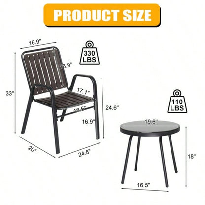 3 - Piece Patio Bistro Table Set, Outdoor Furniture Set with 2 Stackable Patio Dining Chairs and Glass Table Yard Balcony Porch, Black and Coffee