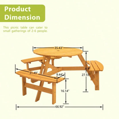 6 - Person Outdoor Circular Wooden Picnic Table with 3 Built - in Benches Patio Backyard GardenNatural