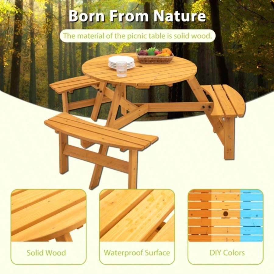 6 - Person Outdoor Circular Wooden Picnic Table with 3 Built - in Benches Patio Backyard GardenNatural
