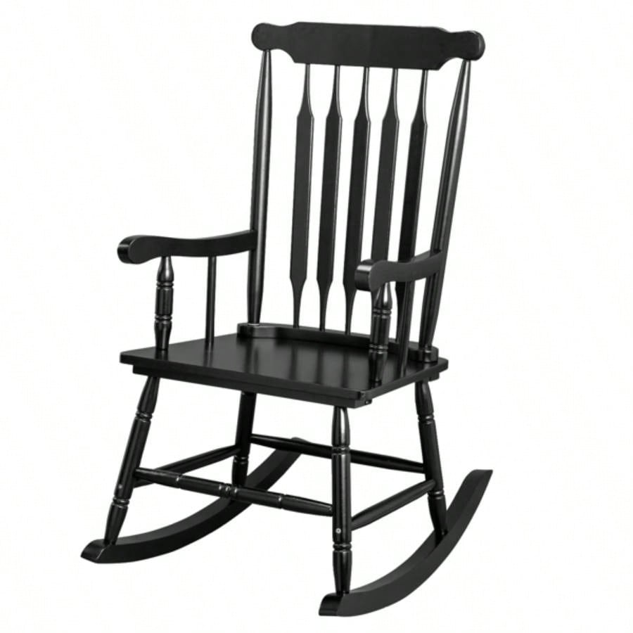 Patio Rocking Chair Solid Wood, Outdoor Porch Rocker Chair with Wooden Frame, Indoor Wooden Rocking Chair Garden Backyard Balcony, Black