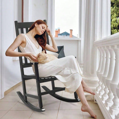 Outdoor Wood Rocking Chair, Wooden Patio Rocking Chair with Comfortable Backrest, Weatherproof Patio Rocker Patio Garden Yard Balcony Poolside, Black