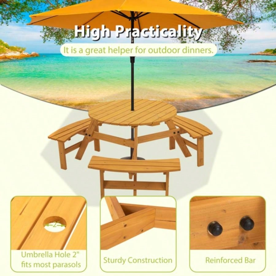 6 - Person Outdoor Circular Wooden Picnic Table with 3 Built - in Benches Patio Backyard GardenNatural