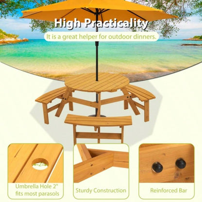6 - Person Outdoor Circular Wooden Picnic Table with 3 Built - in Benches Patio Backyard GardenNatural
