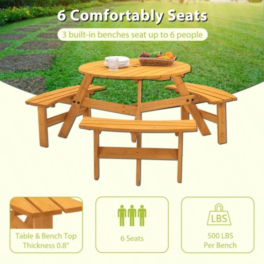 6 - Person Outdoor Circular Wooden Picnic Table with 3 Built - in Benches Patio Backyard GardenNatural