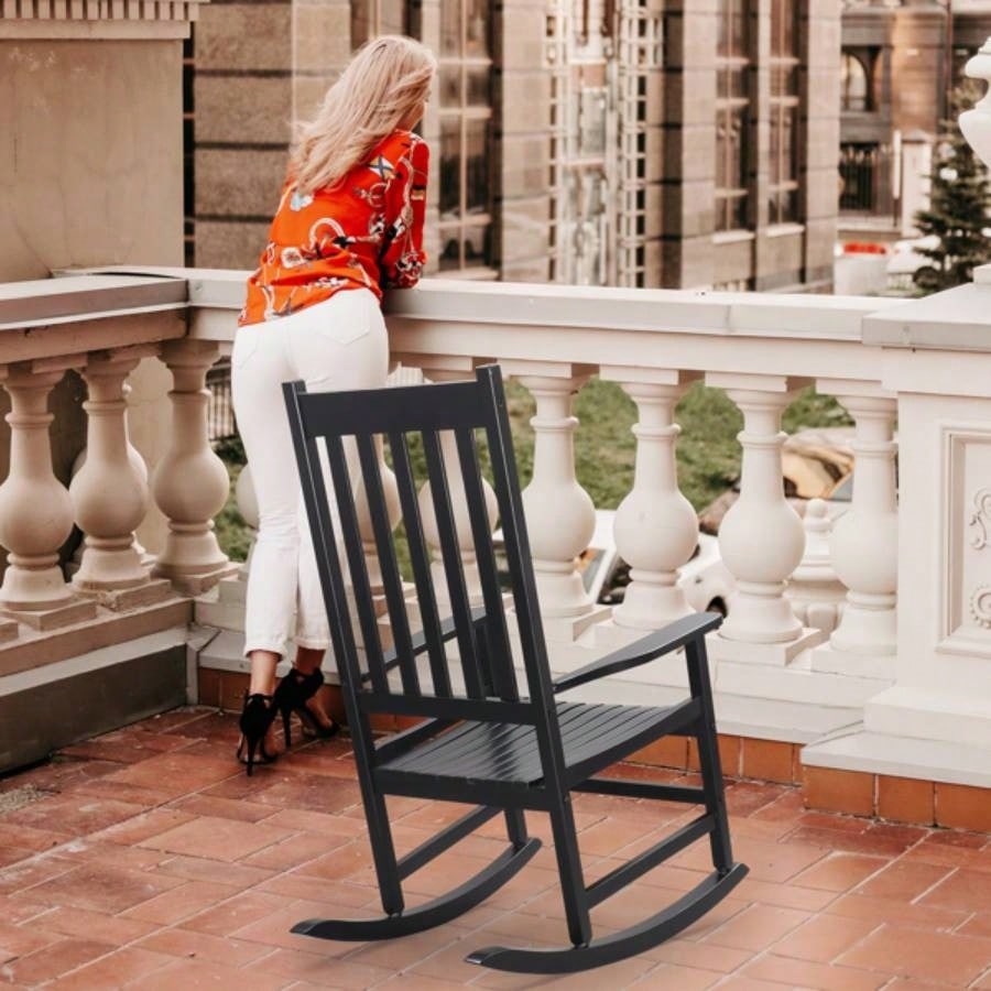 Outdoor Wood Rocking Chair, Wooden Patio Rocking Chair with Comfortable Backrest, Weatherproof Patio Rocker Patio Garden Yard Balcony Poolside, Black