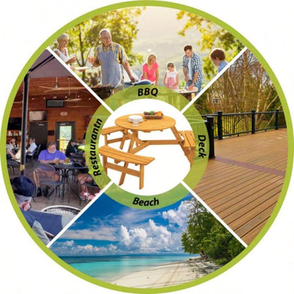 6 - Person Outdoor Circular Wooden Picnic Table with 3 Built - in Benches Patio Backyard GardenNatural