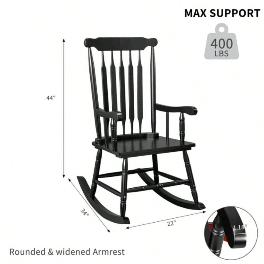 Patio Rocking Chair Solid Wood, Outdoor Porch Rocker Chair with Wooden Frame, Indoor Wooden Rocking Chair Garden Backyard Balcony, Black