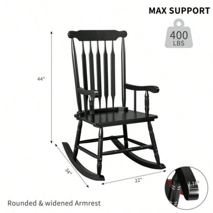 Patio Rocking Chair Solid Wood, Outdoor Porch Rocker Chair with Wooden Frame, Indoor Wooden Rocking Chair Garden Backyard Balcony, Black