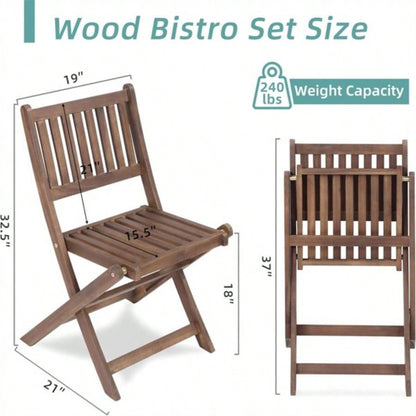 3 - Piece Acacia Wood Bistro Set, Wooden Folding Patio Furniture Garden Backyard Balcony Porch/ 1 Coffee Table and 2 Foldable Chairs, Natural Stained