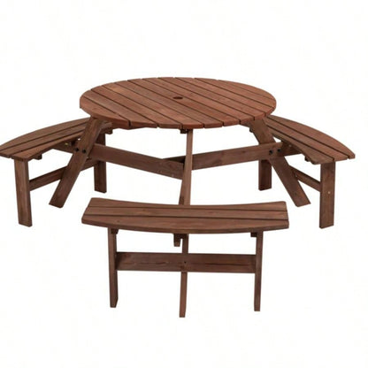 6 - Person Outdoor Circular Wooden Picnic Table with 3 Built - in Benches Patio Backyard Garden, Brown