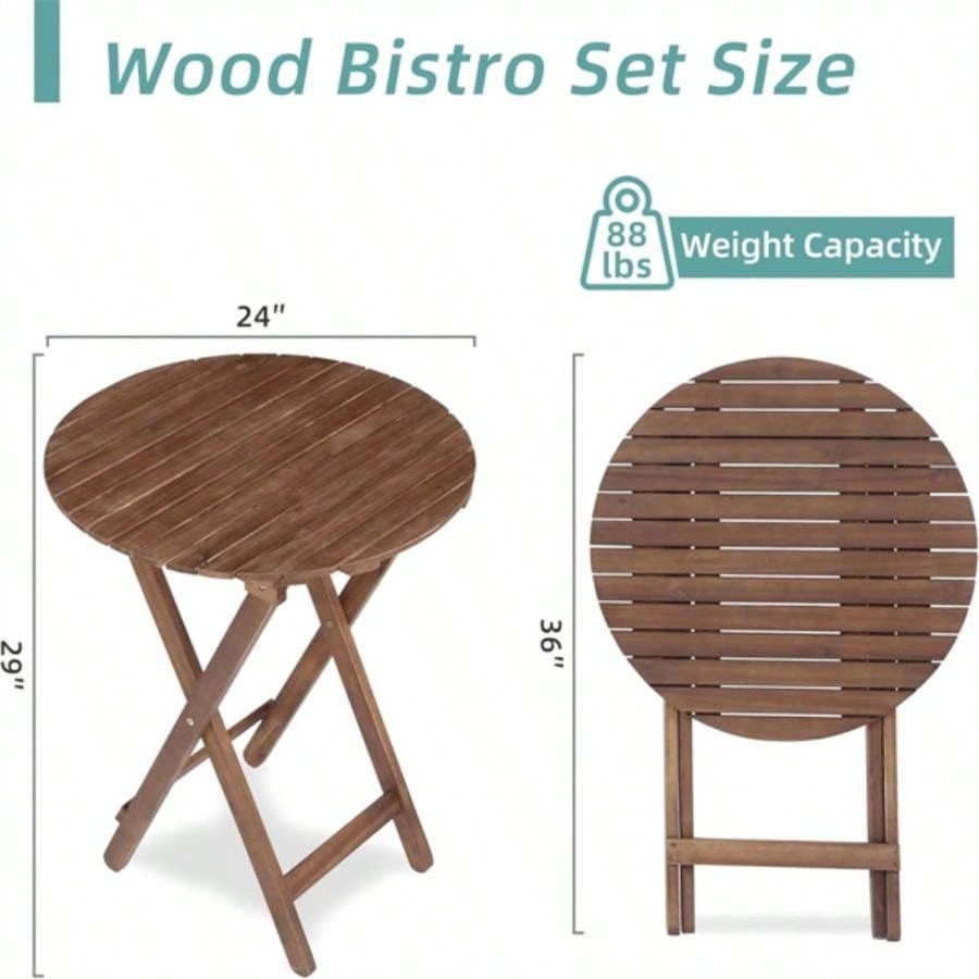 3 - Piece Acacia Wood Bistro Set, Wooden Folding Patio Furniture Garden Backyard Balcony Porch/ 1 Coffee Table and 2 Foldable Chairs, Natural Stained