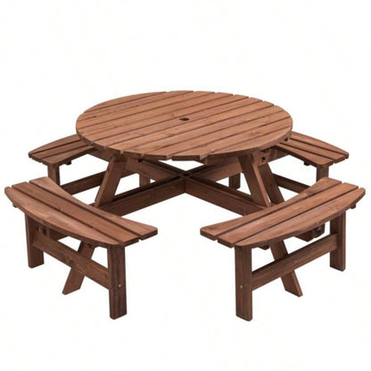 8 - Person Outdoor Circular Wooden Picnic Table with 4 Built - in Benches Patio Backyard Garden, Brown