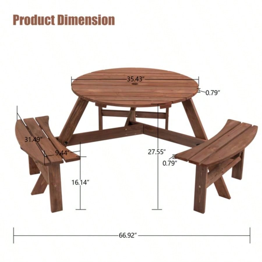 6 - Person Outdoor Circular Wooden Picnic Table with 3 Built - in Benches Patio Backyard Garden, Brown