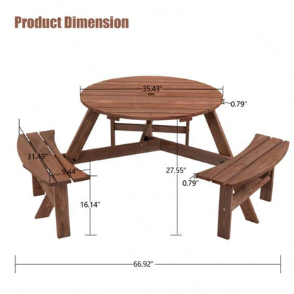 6 - Person Outdoor Circular Wooden Picnic Table with 3 Built - in Benches Patio Backyard Garden, Brown