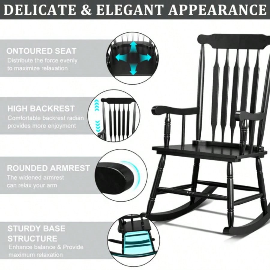 Patio Rocking Chair Solid Wood, Outdoor Porch Rocker Chair with Wooden Frame, Indoor Wooden Rocking Chair Garden Backyard Balcony, Black