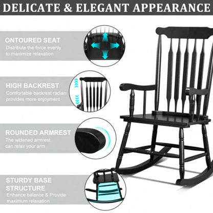 Patio Rocking Chair Solid Wood, Outdoor Porch Rocker Chair with Wooden Frame, Indoor Wooden Rocking Chair Garden Backyard Balcony, Black