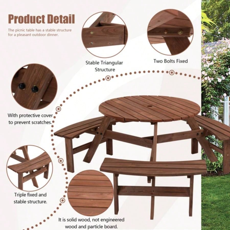 6 - Person Outdoor Circular Wooden Picnic Table with 3 Built - in Benches Patio Backyard Garden, Brown