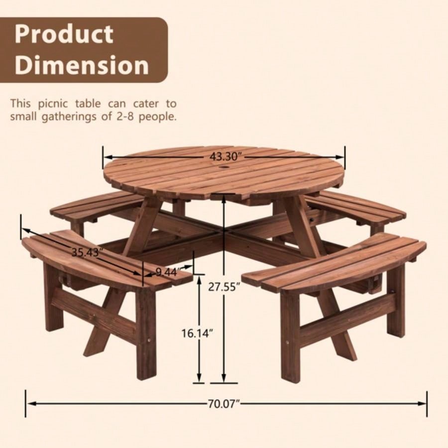 8 - Person Outdoor Circular Wooden Picnic Table with 4 Built - in Benches Patio Backyard Garden, Brown