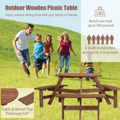 6 - Person Outdoor Circular Wooden Picnic Table with 3 Built - in Benches Patio Backyard Garden, Brown