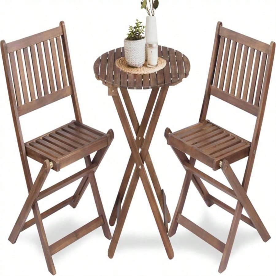 3 - Piece Acacia Wood Bistro Set, Wooden Folding Patio Furniture Garden Backyard Balcony Porch/ 1 Coffee Table and 2 Foldable Chairs, Natural Stained