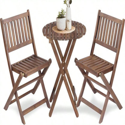 3 - Piece Acacia Wood Bistro Set, Wooden Folding Patio Furniture Garden Backyard Balcony Porch/ 1 Coffee Table and 2 Foldable Chairs, Natural Stained