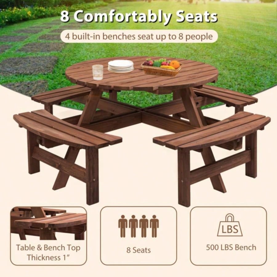8 - Person Outdoor Circular Wooden Picnic Table with 4 Built - in Benches Patio Backyard Garden, Brown