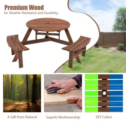 6 - Person Outdoor Circular Wooden Picnic Table with 3 Built - in Benches Patio Backyard Garden, Brown