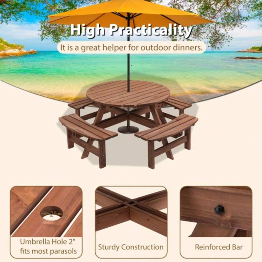 8 - Person Outdoor Circular Wooden Picnic Table with 4 Built - in Benches Patio Backyard Garden, Brown