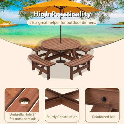 8 - Person Outdoor Circular Wooden Picnic Table with 4 Built - in Benches Patio Backyard Garden, Brown