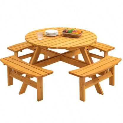 8 - Person Outdoor Circular Wooden Picnic Table with 4 Built - in Benches Patio Backyard Garden, Natural