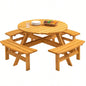 8 - Person Outdoor Circular Wooden Picnic Table with 4 Built - in Benches Patio Backyard Garden, Natural