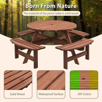 8 - Person Outdoor Circular Wooden Picnic Table with 4 Built - in Benches Patio Backyard Garden, Brown
