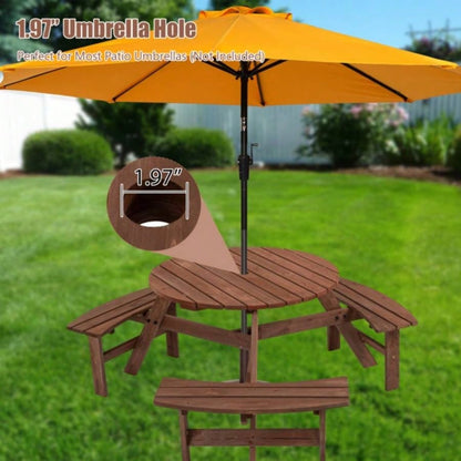 6 - Person Outdoor Circular Wooden Picnic Table with 3 Built - in Benches Patio Backyard Garden, Brown